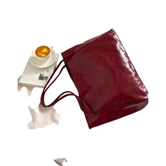 Chic Burgundy Faux Leather Tote Bag Oversized Shopper Shoulder Handbag - Picture 5 of 6